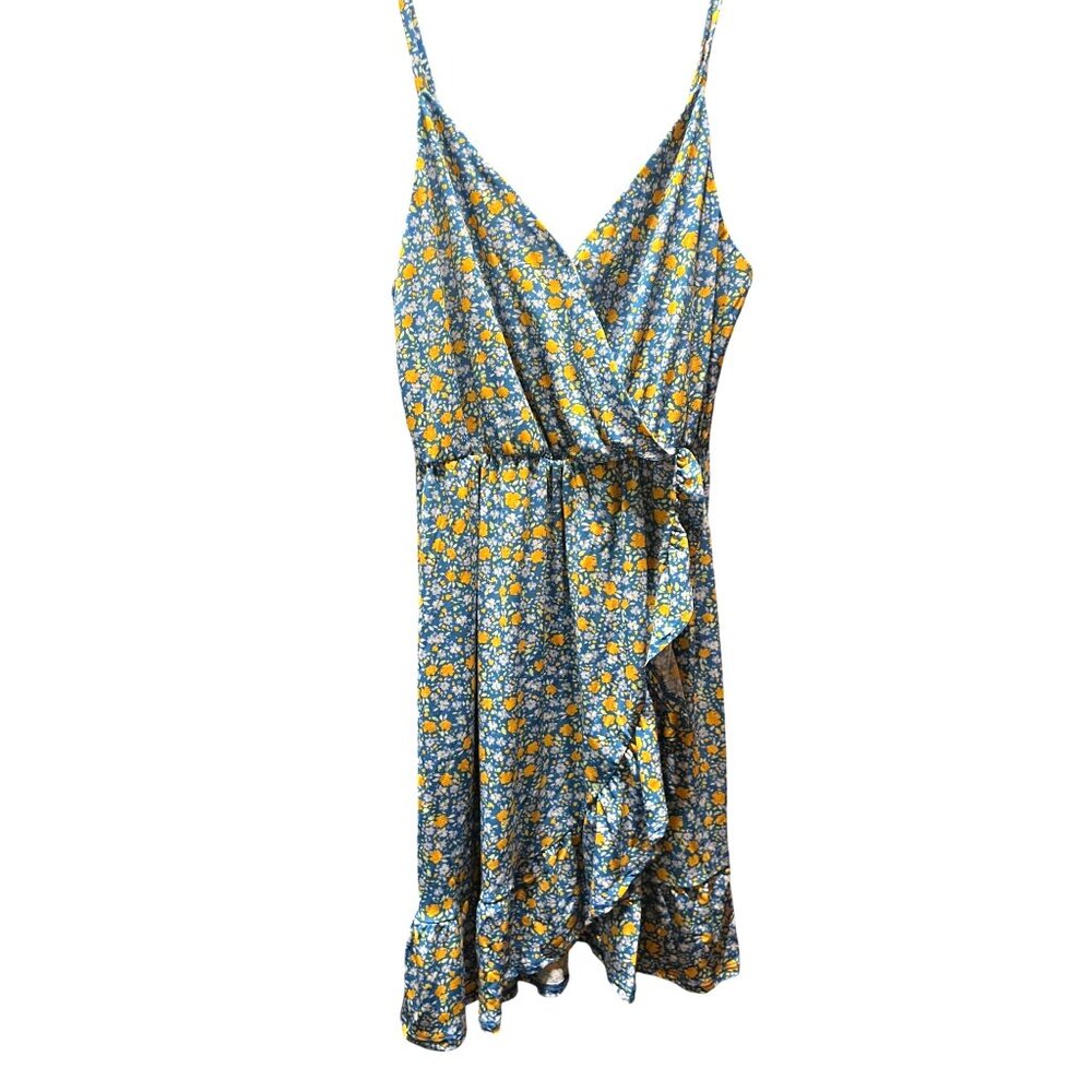 Floral Wrap Summer Dress By Kaileigh Small Petite Blue & Yellow Sleeveless